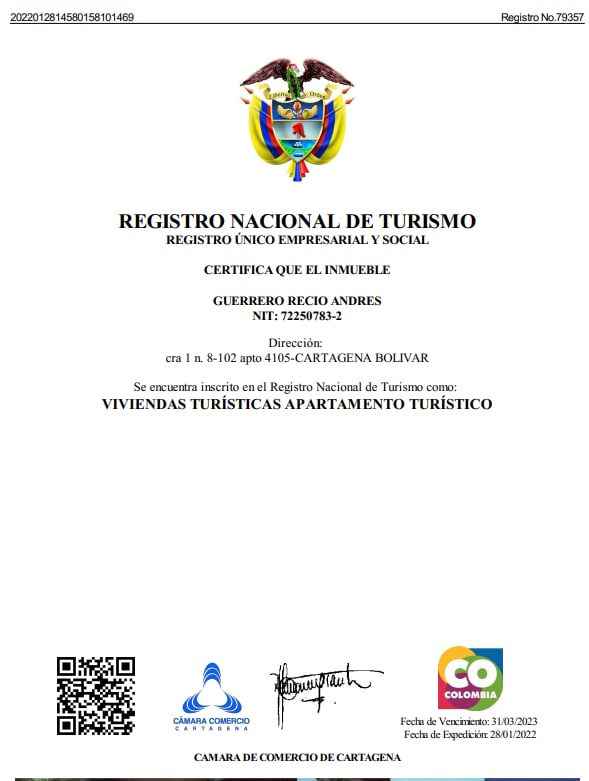 A national tourism registry certificate is displayed, featuring the Colombian coat of arms at the top. The document includes certification details of the property, identifiable by the name of the owner, registration number, and contact information for tourism-related inquiries.