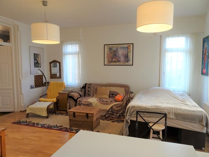 Всекидневна с кът за четене, разтегателен диван и легло с размери 140 см x 200 см. 