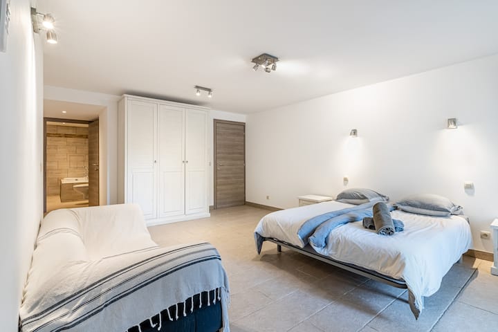 Chambre double avec salle de bain attenante (douche, baignoire et toilettes). En rez de jardin. ATTENTION : Le canapé a été retiré.