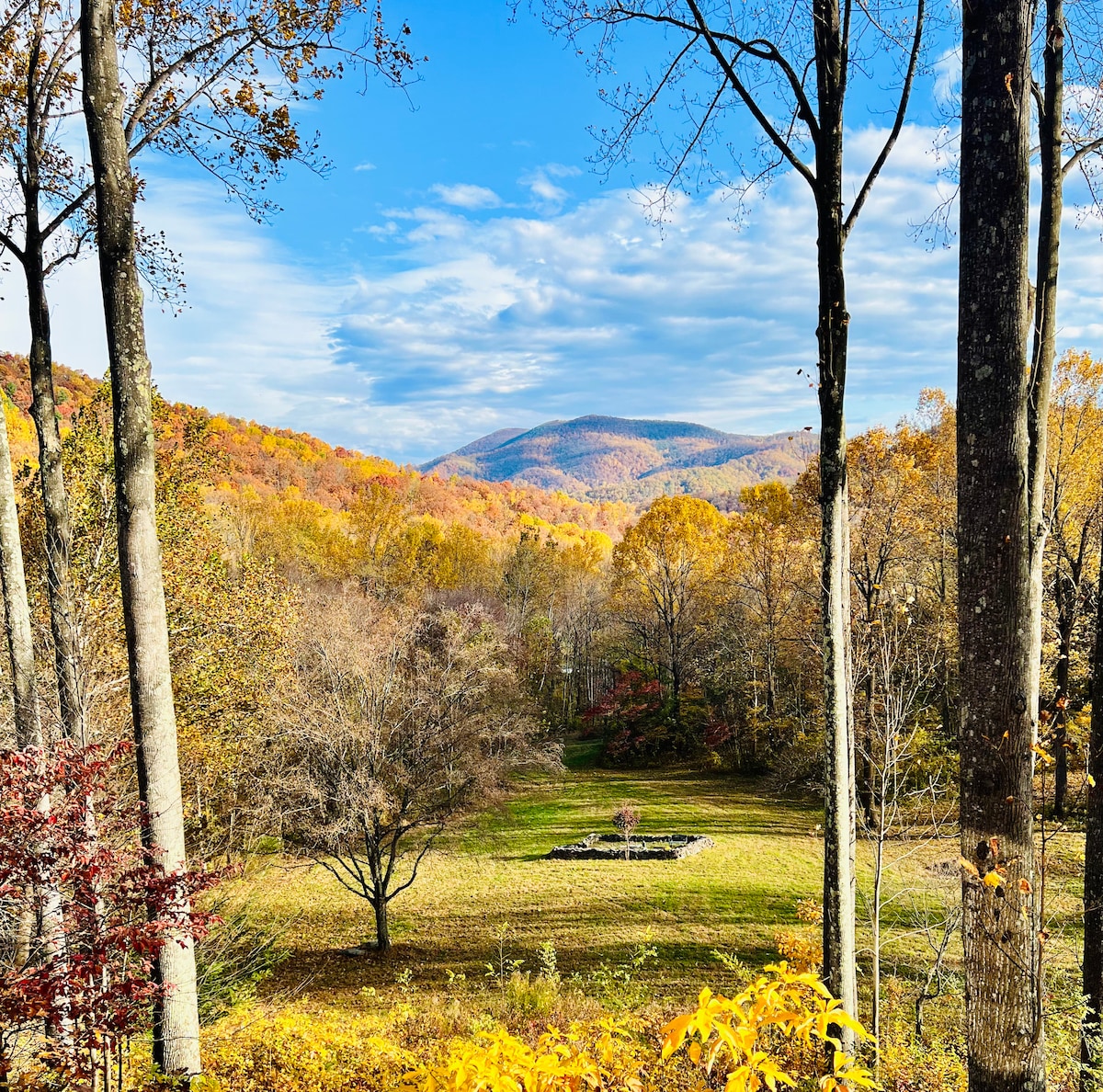 A scenic view showcases a vibrant landscape of autumn foliage over rolling hills. The image features a mixture of orange, yellow, and green trees beneath a partly cloudy sky, with a grassy area and a small circular stone feature visible in the foreground.