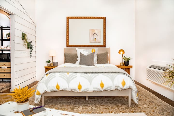This pretty West Elm bed has a Tuft & Needle mattress and all cotton bedding! We know that a comfortable bed is one of the most important parts of your stay!