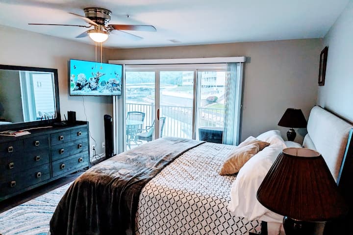 Apartmán Master King Bed s veľkou inteligentnou televíziou s prístupom na balkón a skvelým výhľadom.  Nočné stolíky majú napájacie pluginy USB.  Stropný ventilátor a ventilátor veže, šatníková skriňa, vlastná kúpeľňa s vaňou a sprchovacím kútom a dvojité umývadlá.