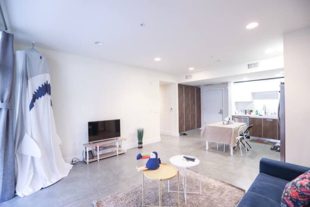 A spacious living area features concrete flooring and a cozy sofa. A flat-screen TV is positioned on a low table, while a kitchen area is visible in the background. A neutral color palette is complemented by decorative accents, including a plant and colorful cushions.