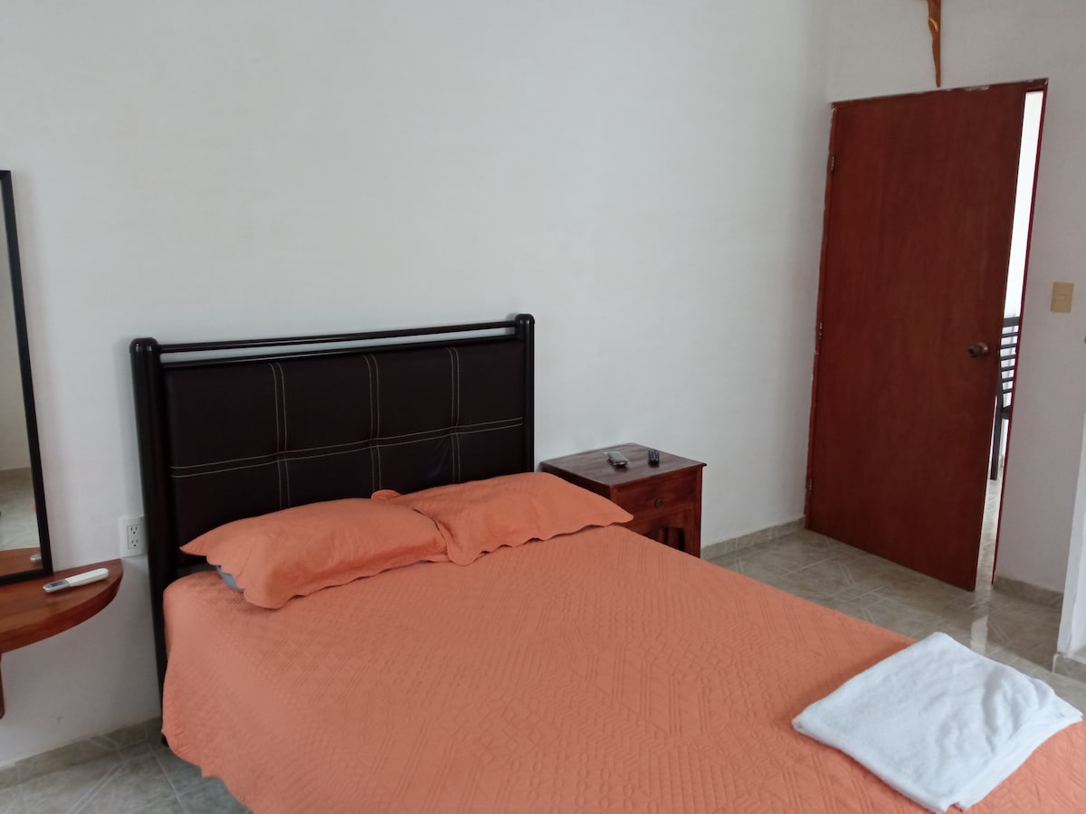A simple bedroom features a matrimonial bed with an orange coverlet and matching pillows. A small nightstand sits beside the bed, and a wall-mounted mirror is positioned across from it. A wooden door leads to an entryway, contributing to the room's privacy.