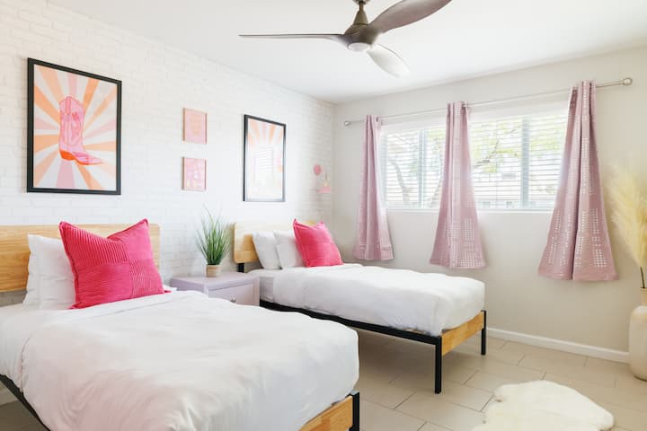 Bedroom #3 features two twin beds with Zinus brand ultra comfy memory foam mattresses, pillows, and linens.