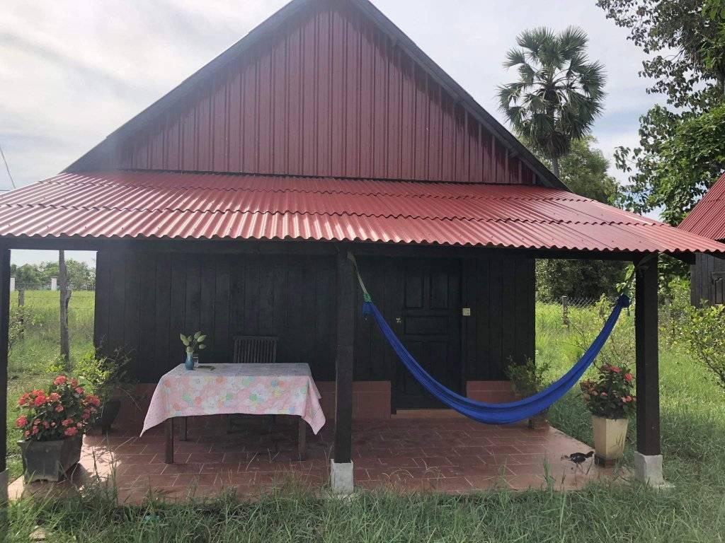 A rustic wooden structure features a red corrugated roof, providing shade for a small outdoor seating area. A table draped with a colorful cloth is accompanied by a chair, while a blue hammock is suspended nearby. Lush greenery and pal trees surround the space.
