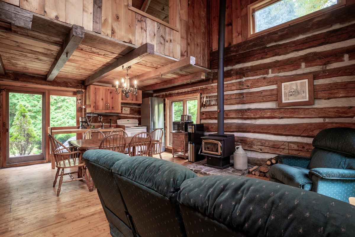 The interior of the cabin showcases natural wood beams and a rustic charm. A dining area with wooden chairs and a table is visible, along with a cozy seating area featuring a dark green couch. A wood-burning stove stands against the wall, contributing to the warm ambiance.