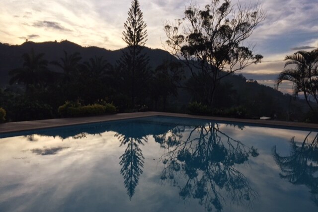 A serene swimming pool reflects the surrounding landscape, including trees and mountains under a soft, cloudy sky. The water's surface captures the stillness of the early morning, creating a peaceful ambiance for relaxation.