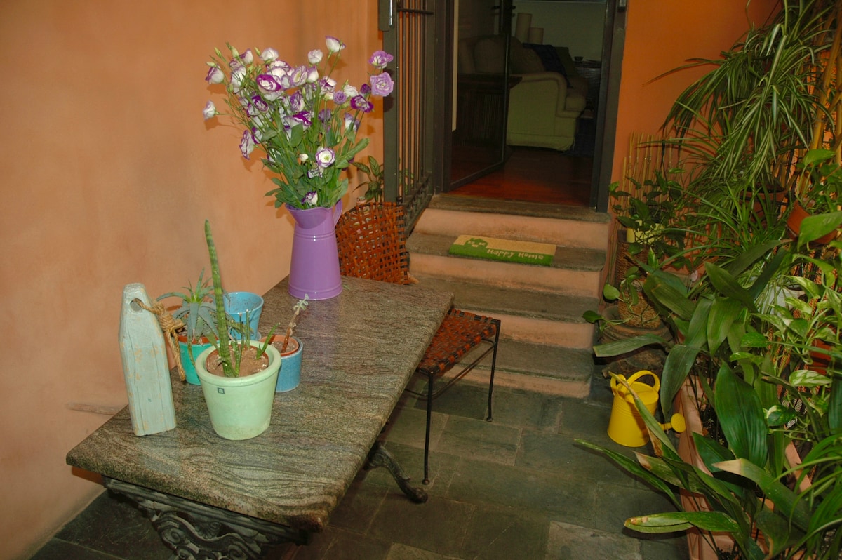 An outdoor balcony area is featured with a stone table and two chairs. Potted plants, including a vibrant bouquet and smaller greenery, add touches of color. Steps lead from the balcony to the interior of the apartment, framed by lush foliage.