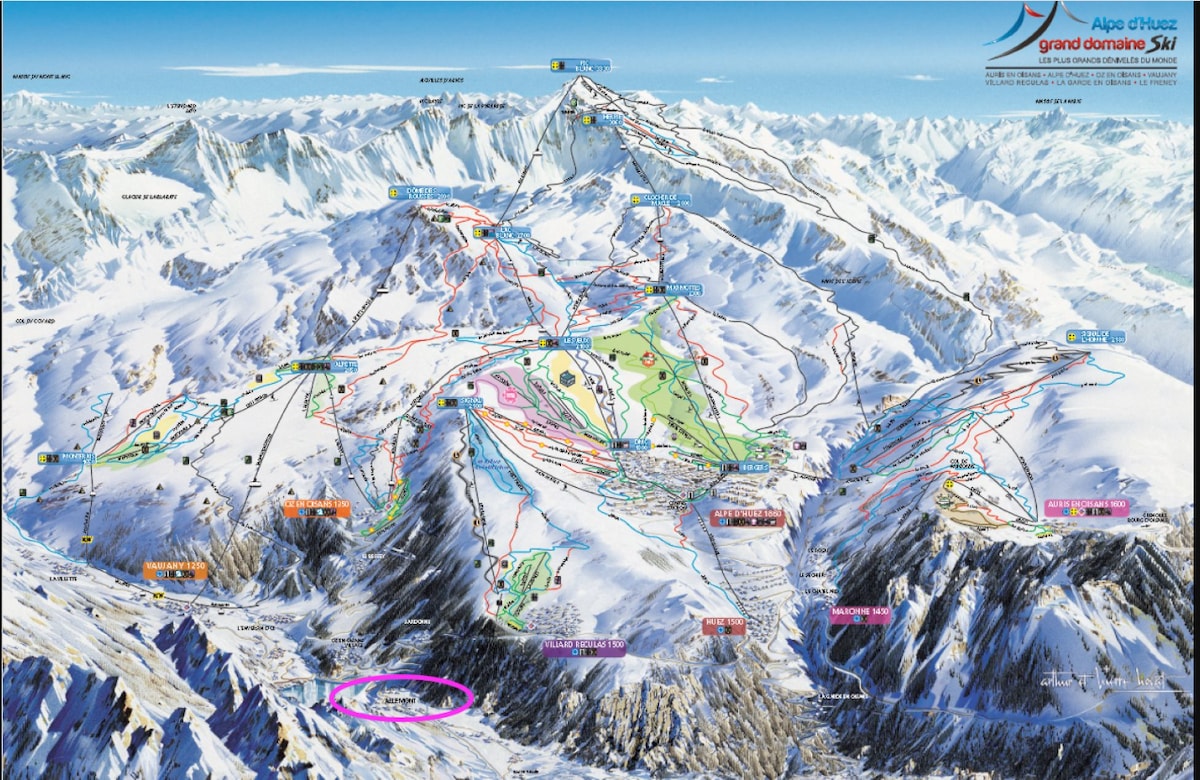A detailed map displays the ski trails and ski areas of Alpe d'Huez, showcasing the surrounding snowy mountain landscape. Various colored lines indicate different slopes, with marked points for ski lifts and various routes through the terrain.