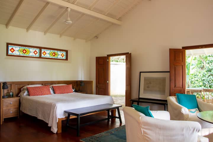 Bedroom 1- large master bedroom with king size bed, ensuite bathroom and its own private veranda. The room has jak wood flowers, stained glass windows and walk in wardrobe 