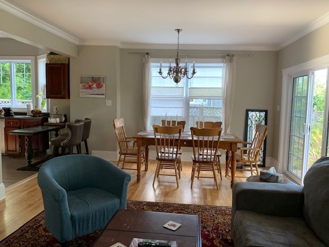 A spacious living and dining area is showcased, featuring a large table with six wooden chairs beneath a chandelier. Comfortable seating is provided with a blue chair and a cozy gray couch. Natural light filters through large windows, creating a welcoming ambiance.