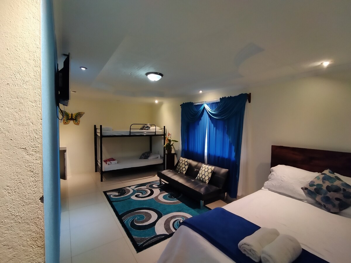 A spacious room is visible, featuring a comfortable sleeping area with a large bed and a sleek black sofa. A cozy bunk bed is positioned against the wall. Natural light enters through window drapes, while a vibrant area rug adds color to the floor.