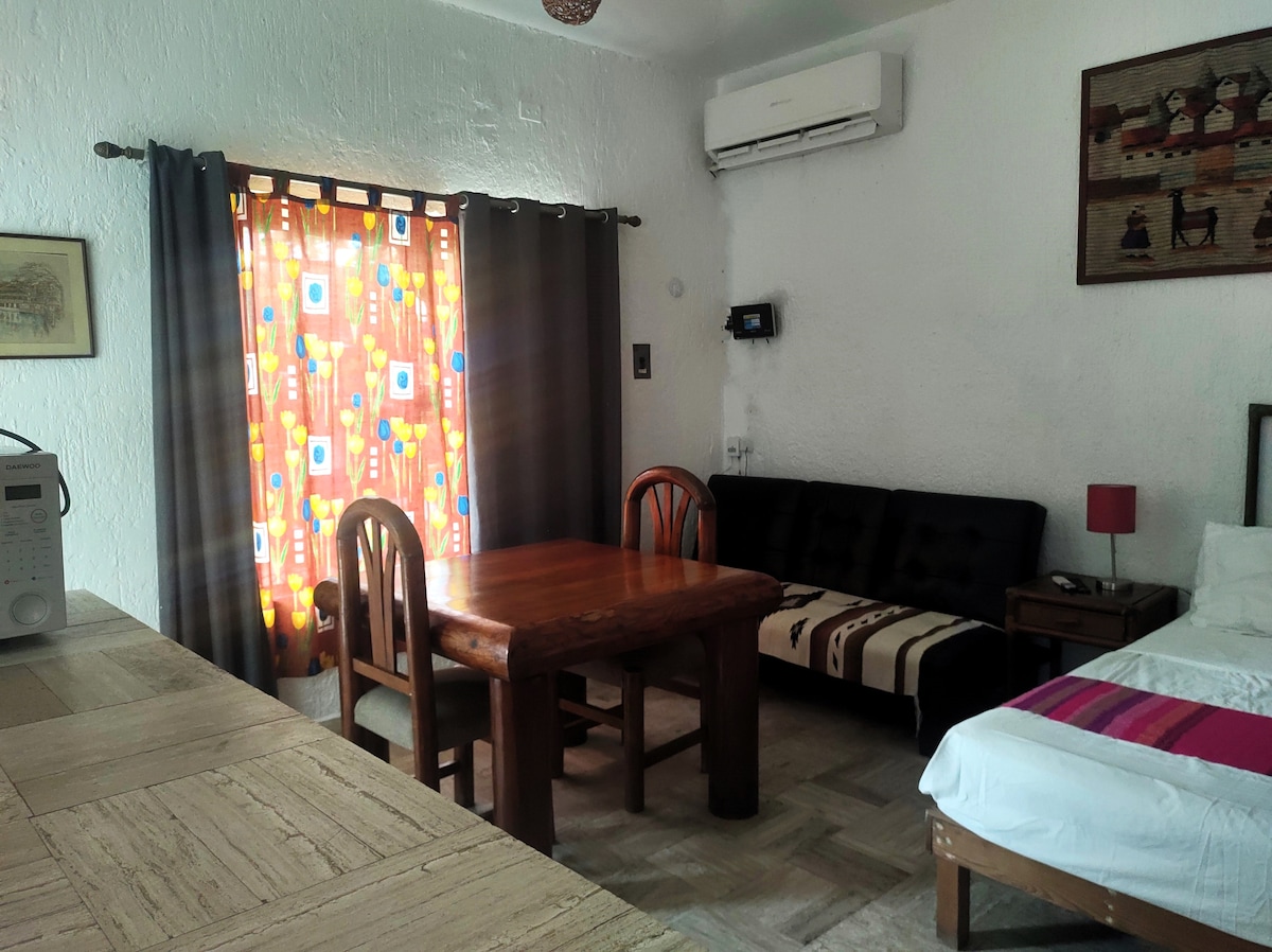 A dining area features a wooden table with two chairs, complemented by a dark sofa. Brightly patterned curtains frame a window, allowing natural light to fill the space. An air conditioning unit is mounted on the wall, providing comfort in the room.