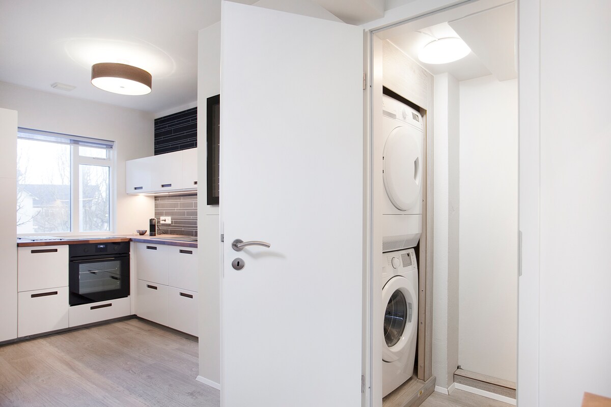 A well-equipped kitchen is visible, featuring modern cabinets and appliances, including an oven and a stovetop. A hallway leads to a laundry closet with stacked washer and dryer units. Ample natural light enters through a window, enhancing the functional layout.