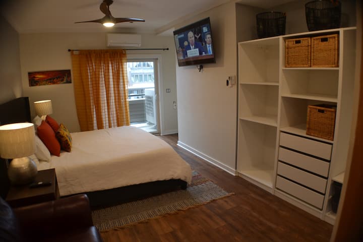 King size bed in Master bedroom. Sliding glass doors to private balcony overlooking ice skating rink. Separate heating/cooling unit. Plenty of storage in closet organizer.