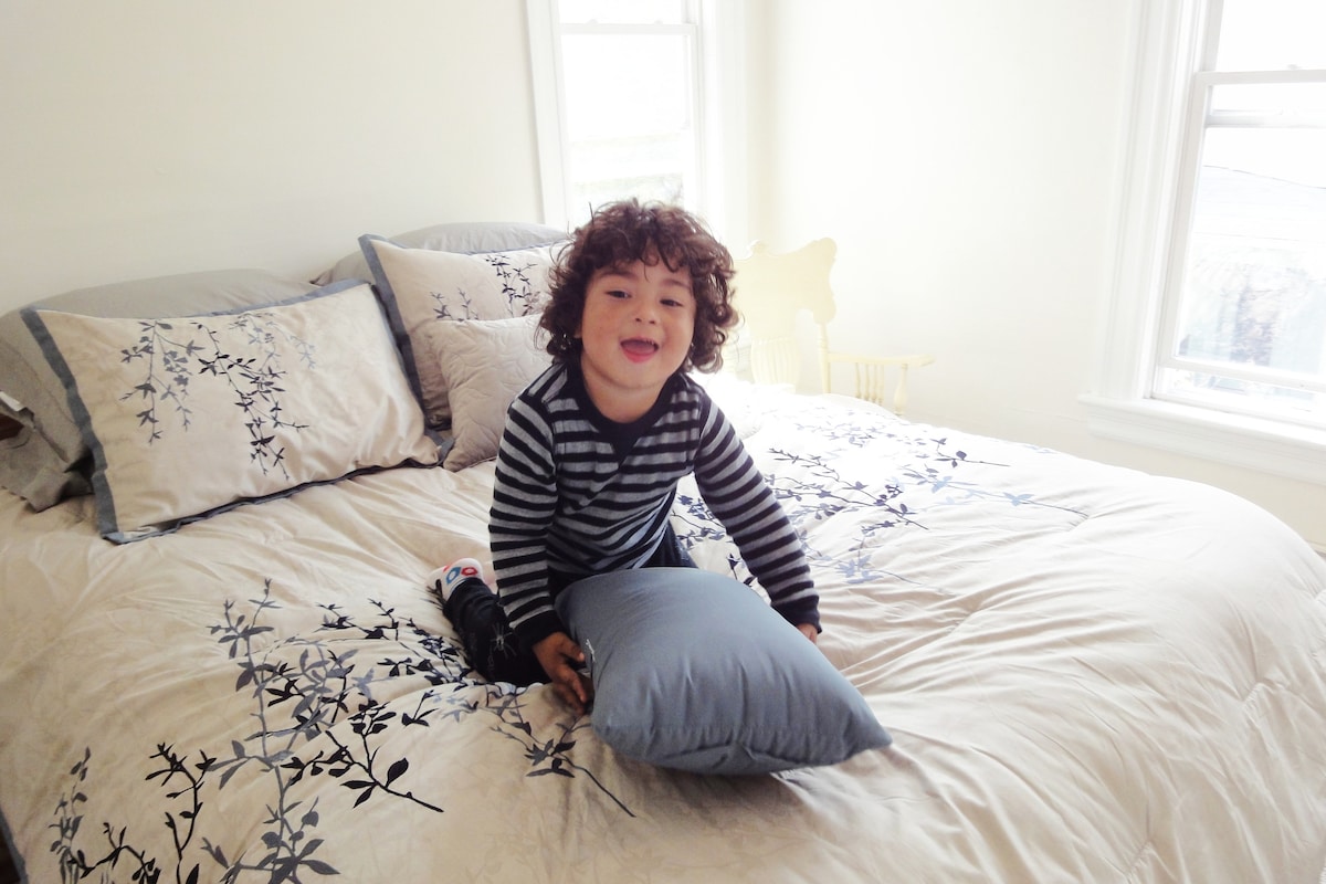 Master bedroom with plenty of sunlight and comfortable, firm queen bed, and 55" Roku 4K TV (3-year-old not included)