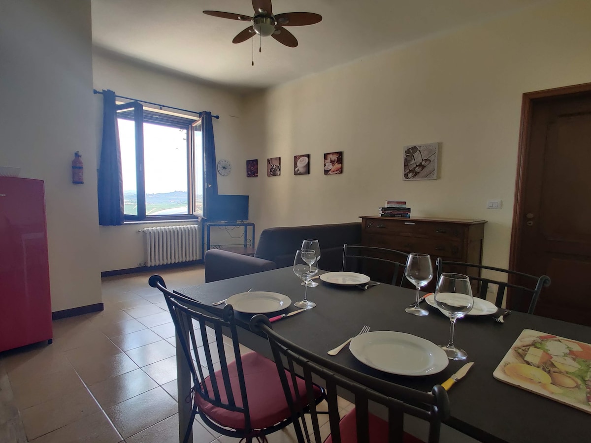 A spacious kitchen and dining area features a dark rectangular table set for four, with plates and wine glasses displayed. A pink refrigerator and modern appliances are visible, alongside a comfortable sofa. Natural light filters through the window, illuminating the room and the view of the vineyard.