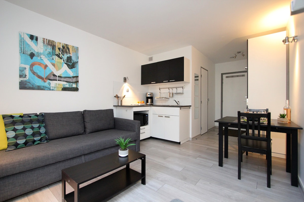 An open living space features a contemporary sofa with decorative cushions, a compact dining table, and a modern kitchen area equipped with essential appliances. Artwork adorns the wall, adding a splash of color to the light-colored interiors.