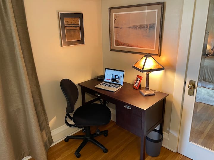 Work area with Xfinity xFi Gateway high speed internet, and USB and grounded power hub.