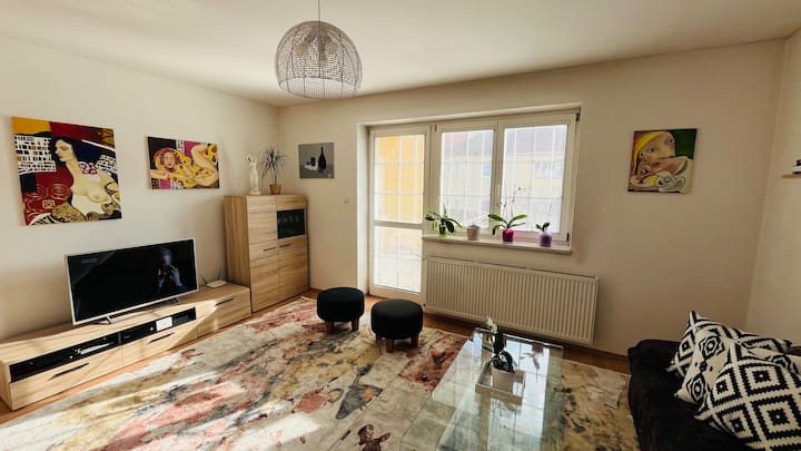 Dhomë ndenjjeje e madhe me divan, 2 tabouret, 1 ndenjëse e madhe Missoni. Shumë dollapë magazinimi, SmartTV i madh me qasje në Netflix. Shumë dritë dielli. Orkide të bukura. Hyrja në tarracë, pamje nga kopshti.