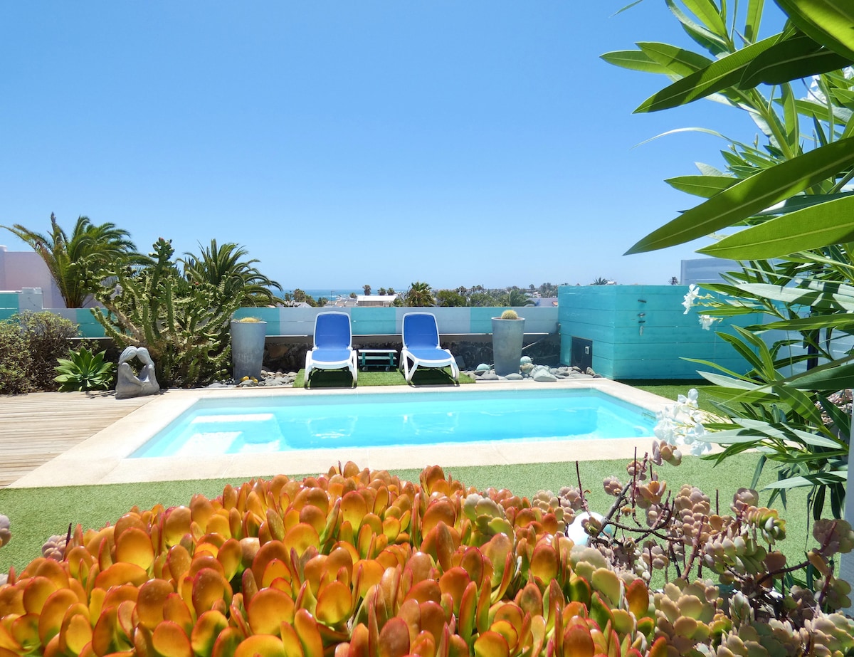 A serene outdoor space is depicted, featuring a clear swimming pool surrounded by landscaped greenery. Two sun loungers are positioned beside the pool, with vibrant orange succulents in the foreground, adding a touch of colour to the tranquil setting.