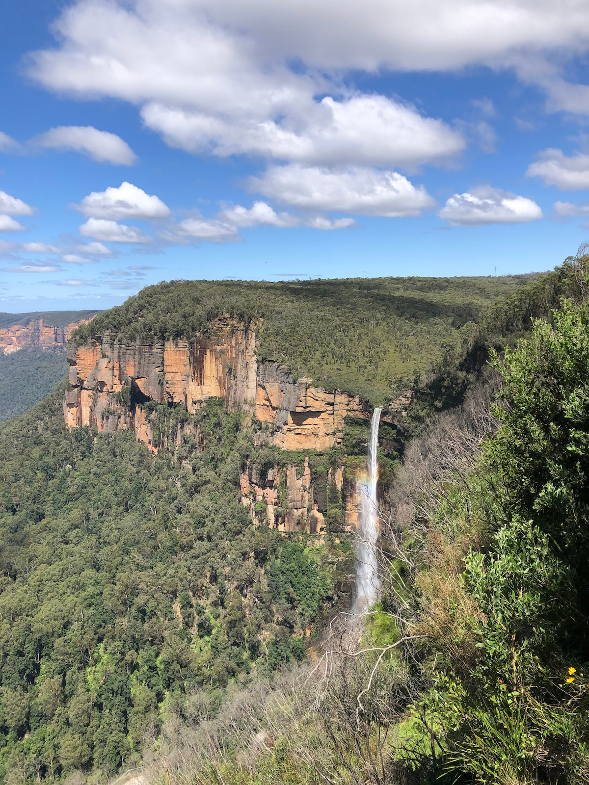 A stunning view of a waterfall cascading down a cliffside surrounded by lush green trees and dense bushland. The rugged rock face is contrasted against the bright blue sky, dotted with fluffy white clouds, highlighting the natural beauty of the Blue Mountains.