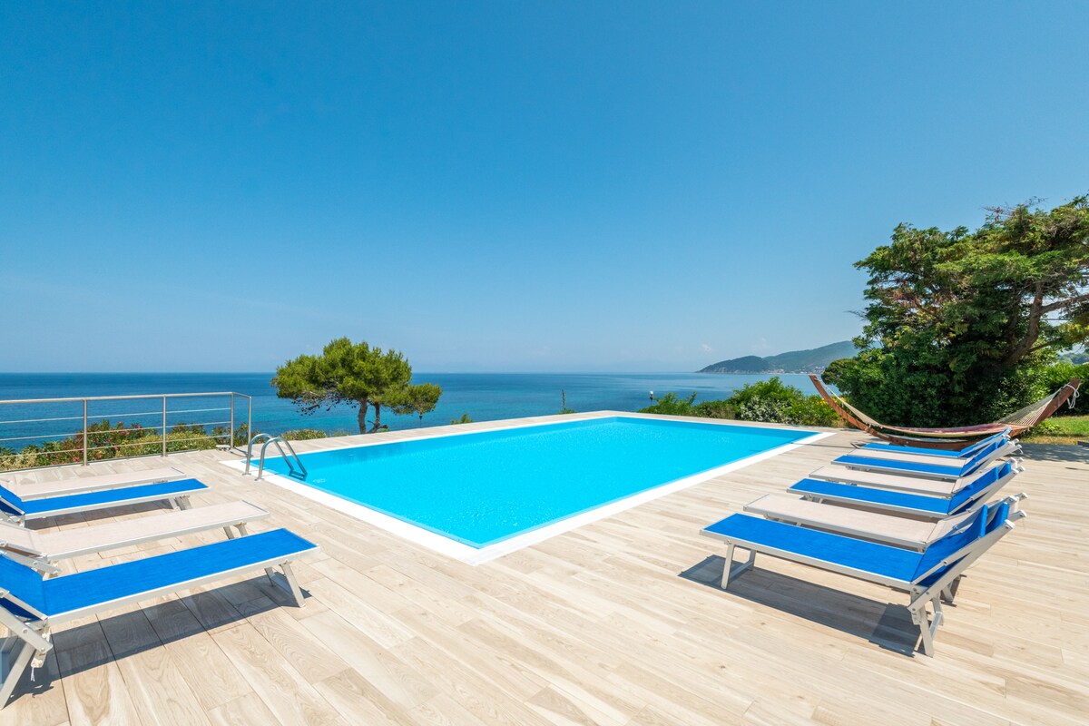 An inviting infinity pool reflects the blue sky, surrounded by wooden decking and sun loungers with blue cushions. Lush greenery and a distant coastline are visible in the background, creating a tranquil outdoor space for relaxation.
