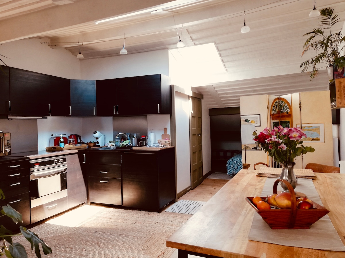 A modern kitchen is visible, featuring dark cabinetry and stainless-steel appliances. A skylight allows natural light to illuminate the space. A wooden dining table with a fruit bowl is positioned in the foreground, surrounded by warm tones and plants for a welcoming feel.