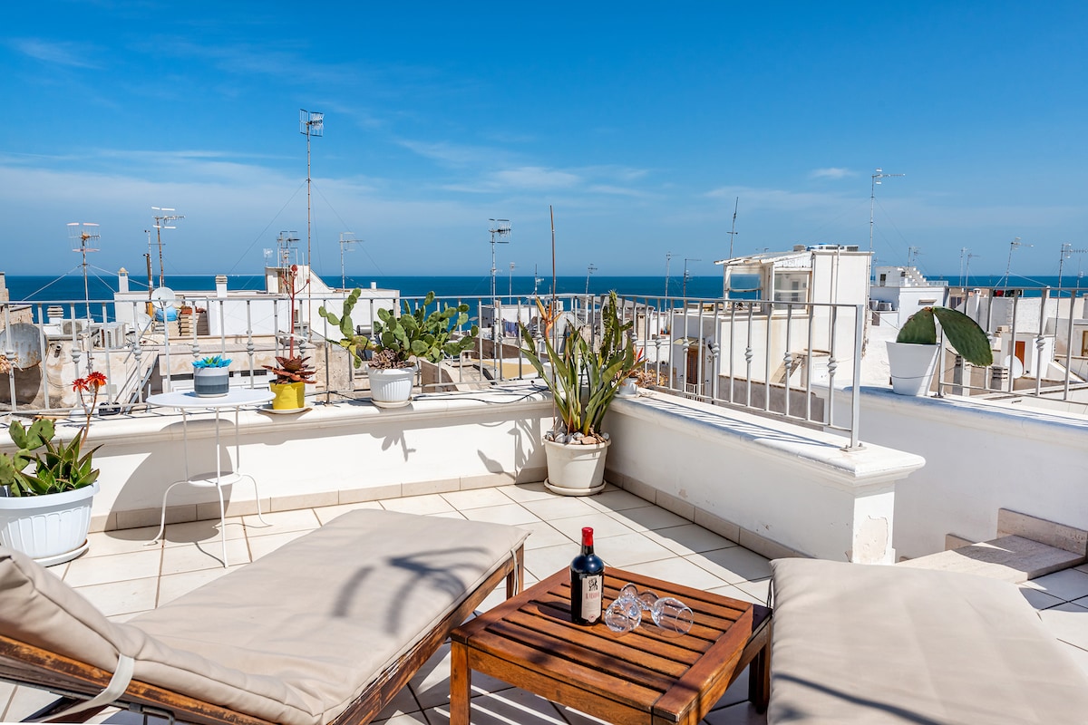 A private terrace offers a panoramic view of the sea and rooftops, with potted plants adding greenery. Two sun loungers are positioned next to a wooden table set with a bottle of wine and glasses, creating an inviting outdoor space for relaxation.