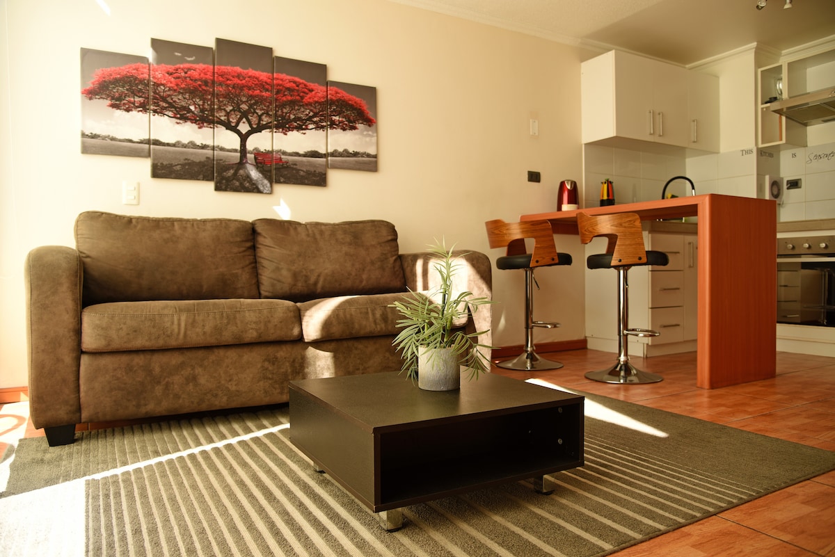 A comfortable living area is presented with a soft brown sofa facing a modern kitchen setup. A coffee table with a small plant is positioned on a striped rug. Artwork featuring a red tree is displayed on the wall, complementing the warm lighting in the room.