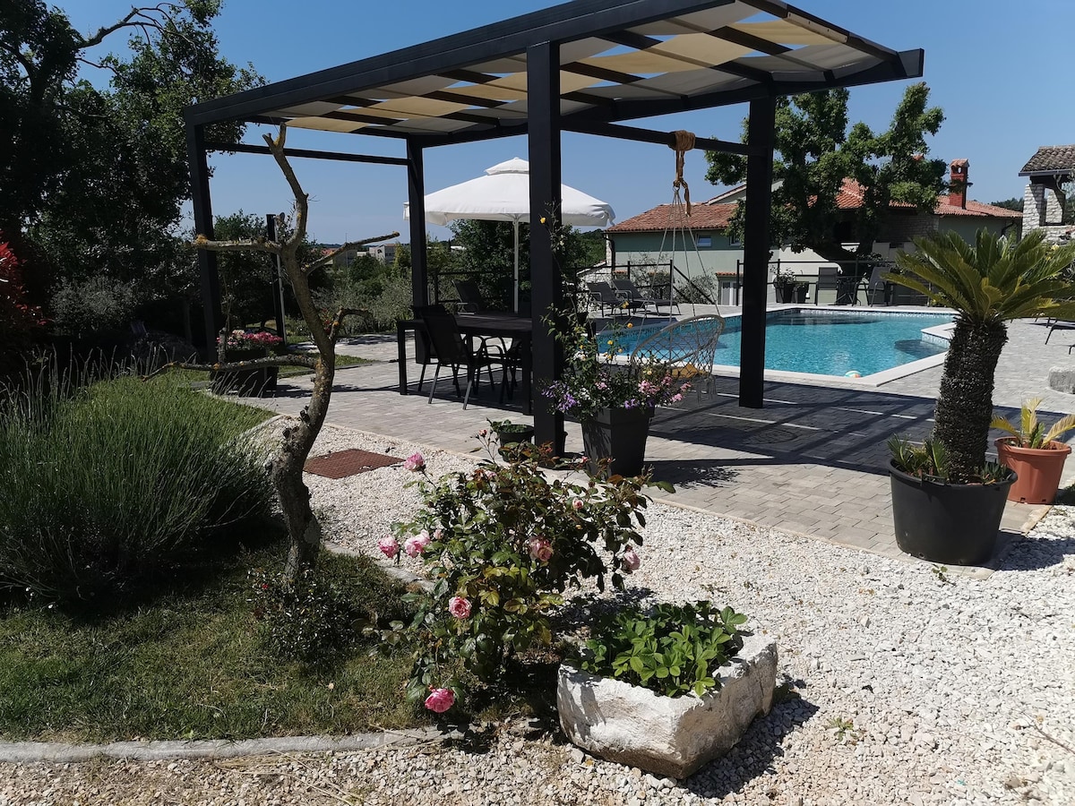 An outdoor area features a shaded pergola with seating, surrounded by well-maintained gardens. Colorful flowers and plants are placed in pots, providing a vibrant contrast to the gravel pathway. A spacious saltwater pool is situated in the background, creating an inviting leisure space.