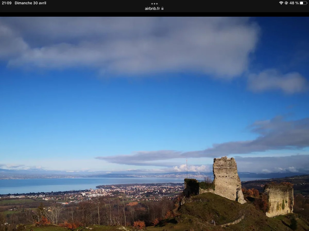 An ancient stone ruin, partially covered in greenery, stands on a hillside, overlooking a tranquil body of water. The expansive view captures a serene sky with scattered clouds, and a charming town is visible in the distance, enhancing the picturesque scenery.