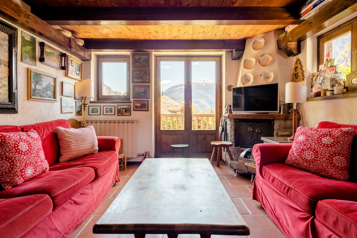 A cozy living area features two red sofas with decorative pillows, positioned around a wooden coffee table. A television is placed on a stone hearth. Large windows provide a view of the surrounding mountains, illuminating the space with natural light.