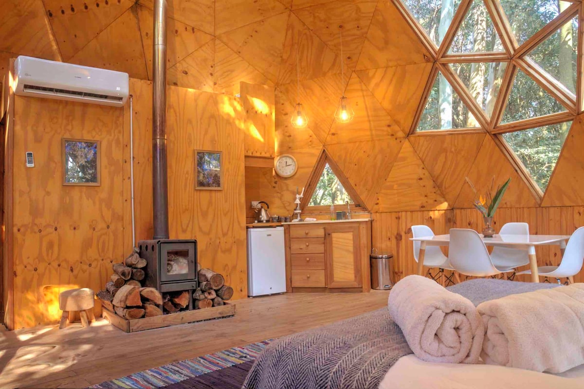 The interior of the geodesic dome is shown, featuring natural wood paneling and triangular windows that allow for ample natural light. A kitchenette with a mini-fridge and wood-burning stove is visible, along with a dining table set for four. A cozy queen-size bed is adorned with rolled towels.