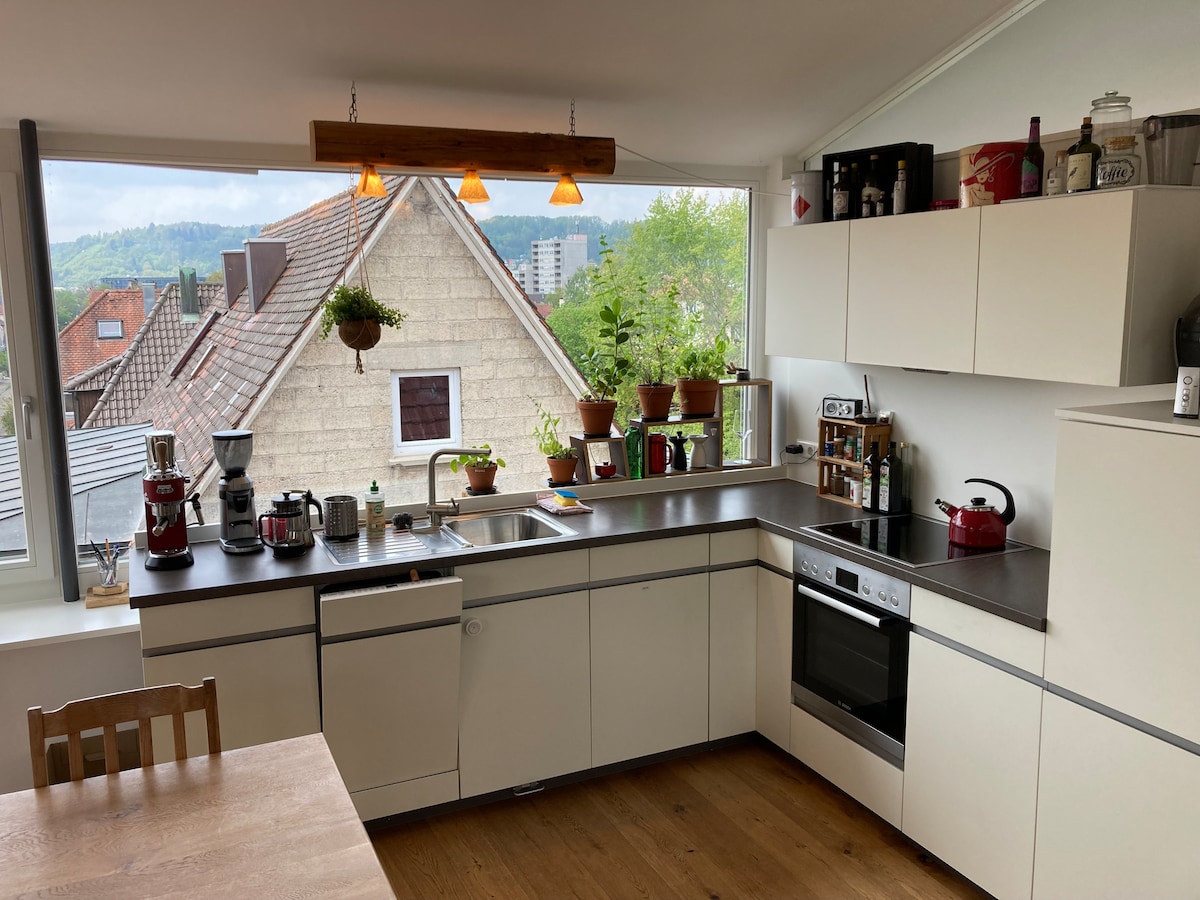 A modern kitchen features a spacious counter with ample storage and a full range of cooking appliances, including a dishwasher and oven. Large windows bring in natural light, with various plants providing a touch of greenery. A dining table is positioned nearby, enhancing the open layout.