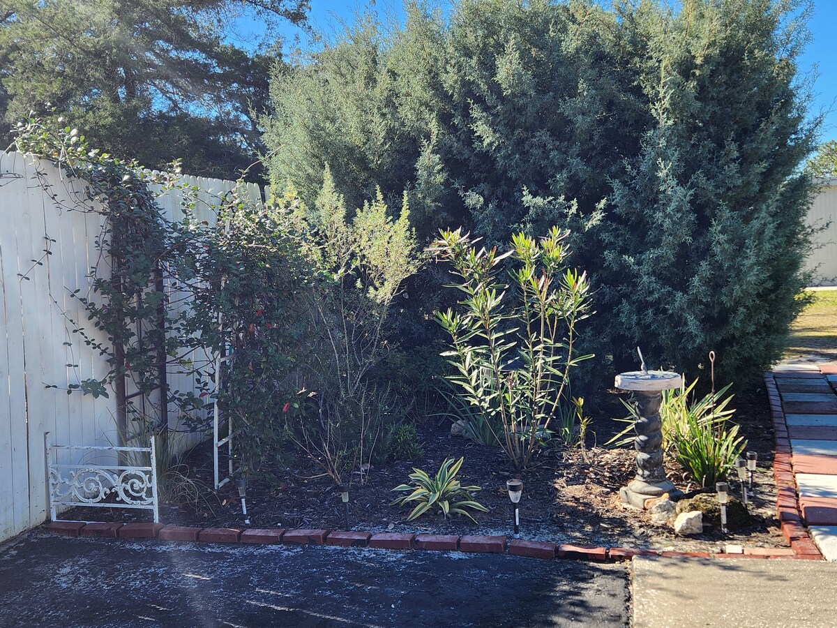 A landscaped garden area featuring various shrubs and plants, alongside a birdbath. A winding path made of paving stones leads into the space, with solar lights placed among the greenery. A wooden fence serves as a backdrop, enhancing the private outdoor environment.