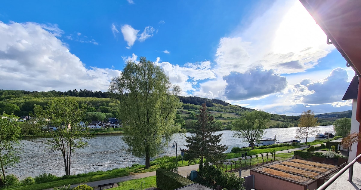 A scenic view of the Mosel River is captured from a balcony, featuring lush greenery along the riverbank. The sky is partly cloudy with patches of blue, allowing natural light to illuminate the landscape. The tranquil waters reflect the surrounding hills and trees.