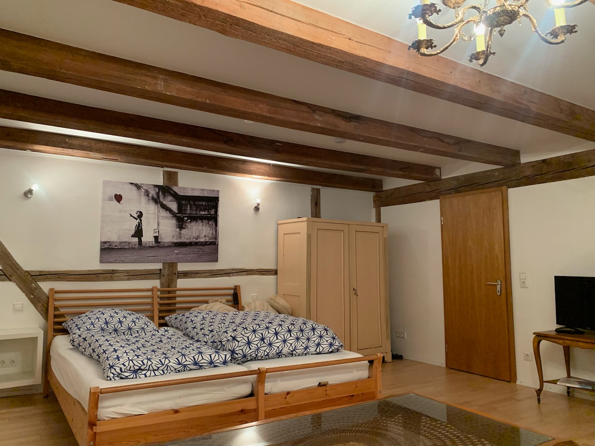 Голема спална соба со поглед кон дворот и директен пристап до велнес бањата