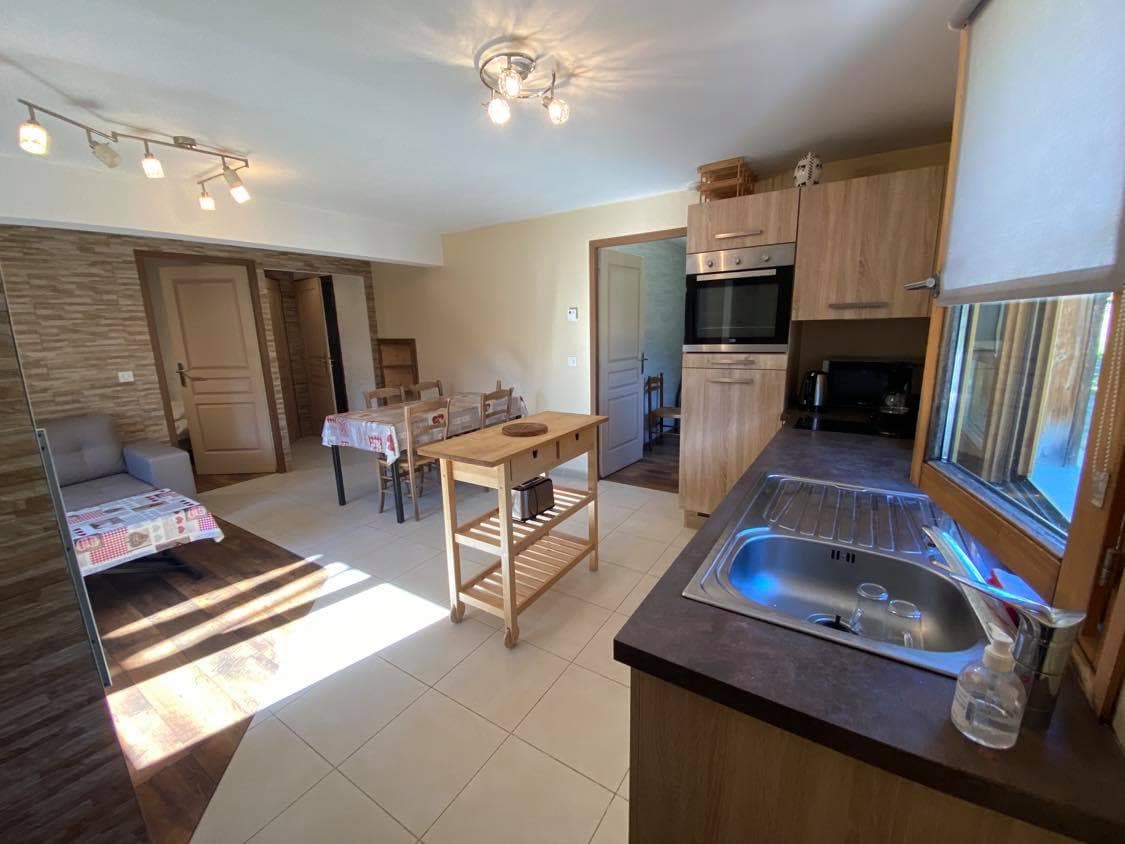 An open kitchen and dining area is featured, showcasing wooden cabinetry and a countertop sink. A small dining table with several chairs is visible, along with a compact wooden kitchen island. Natural light enters through large windows, illuminating the space.