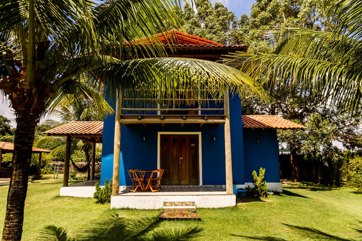 The exterior of a two-story blue house is framed by lush palm trees and green lawns. A covered porch with a wooden table and chairs welcomes relaxation. The warm tile roof adds a traditional touch, while the surrounding garden enhances the tranquil setting.