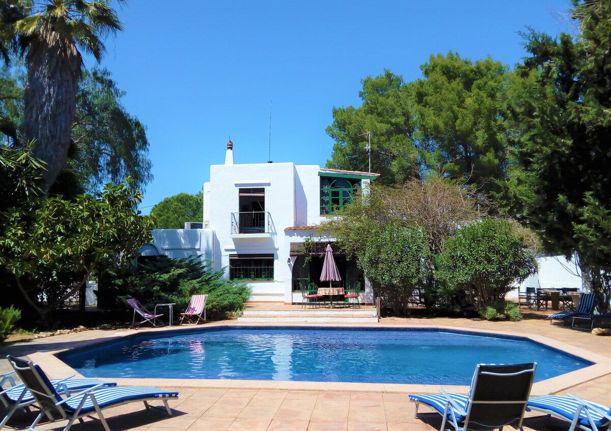 A large private swimming pool is surrounded by a spacious terrace equipped with sun loungers. Lush greenery from mature trees and plants provides a tranquil setting, while a two-story villa with green shutters stands in the background under a clear blue sky.