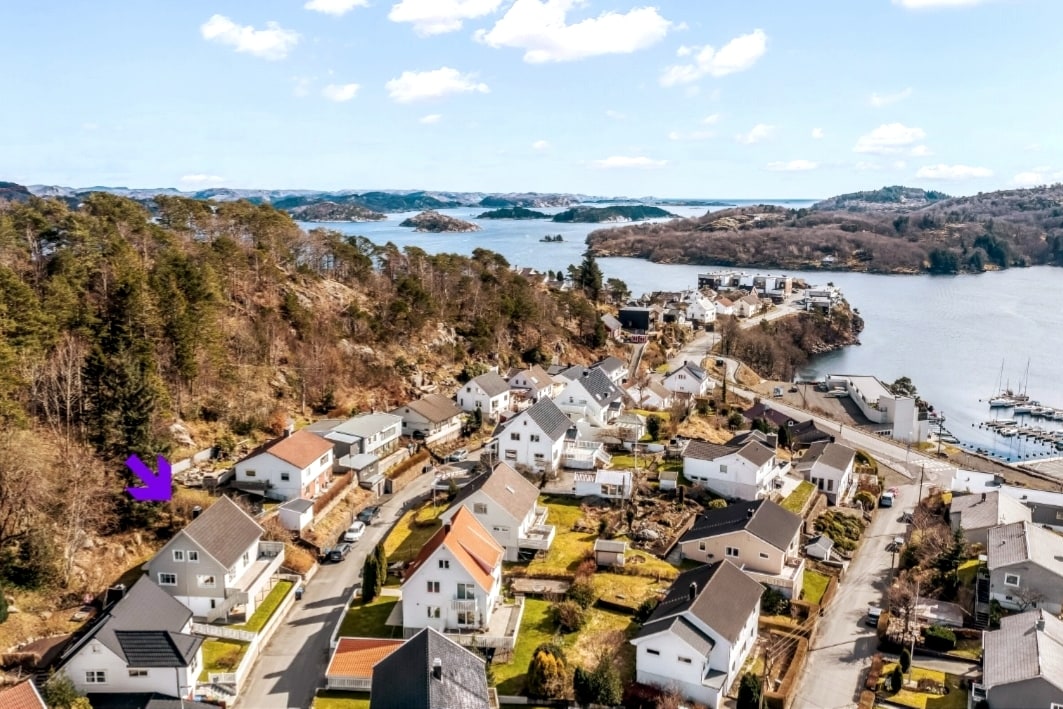 An aerial view captures the neighborhood characterized by various residences and nearby coastal features. The house is seen nestled among other homes, with a backdrop of lush greenery and water in the distance, highlighting the serene surroundings.