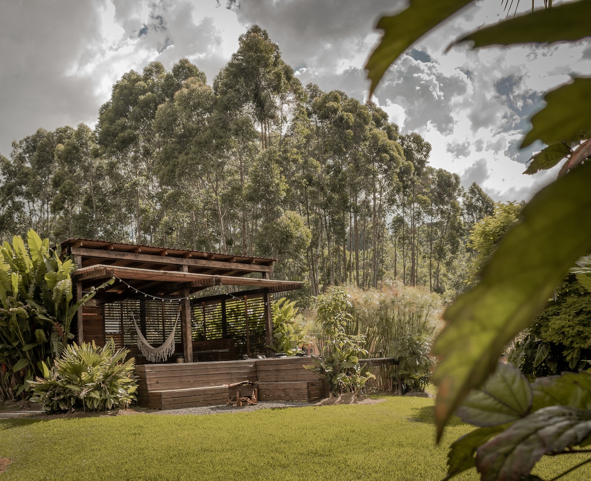 A wooden deck area is surrounded by lush greenery, with a shaded seating area featuring hammocks. Tall trees and various plants create a serene backdrop, highlighting the natural environment. The deck offers a peaceful retreat, blending harmoniously with the landscape.