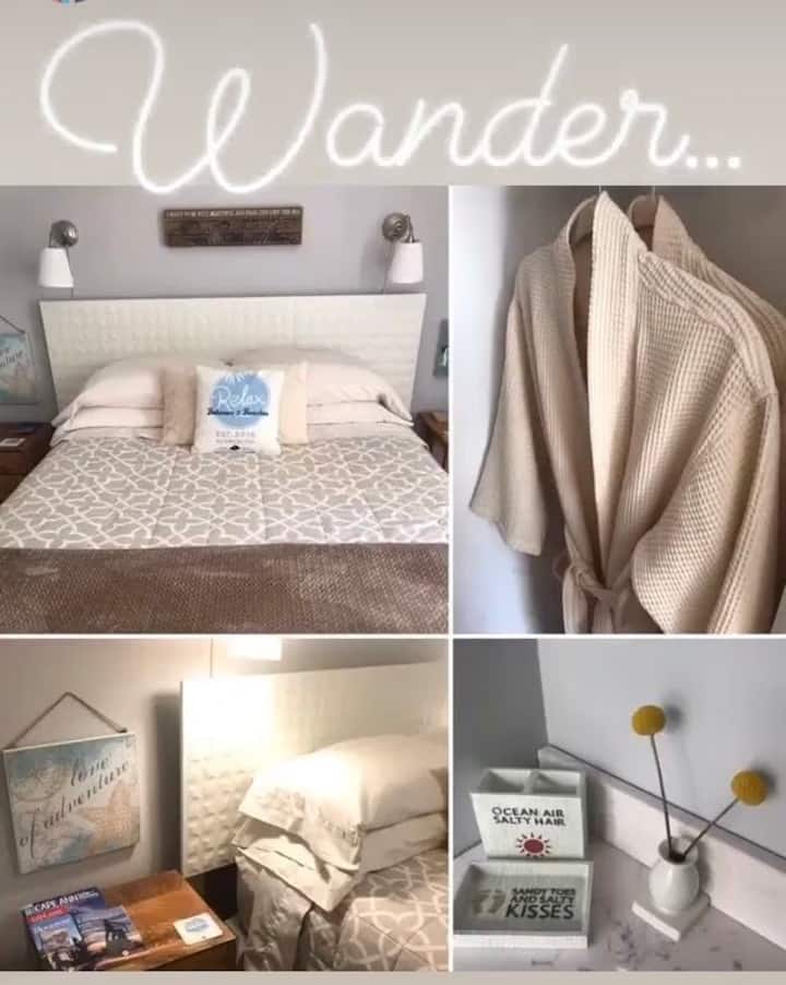 The back bedroom 'WANDER', also has a queen bed, and its own private full bath.