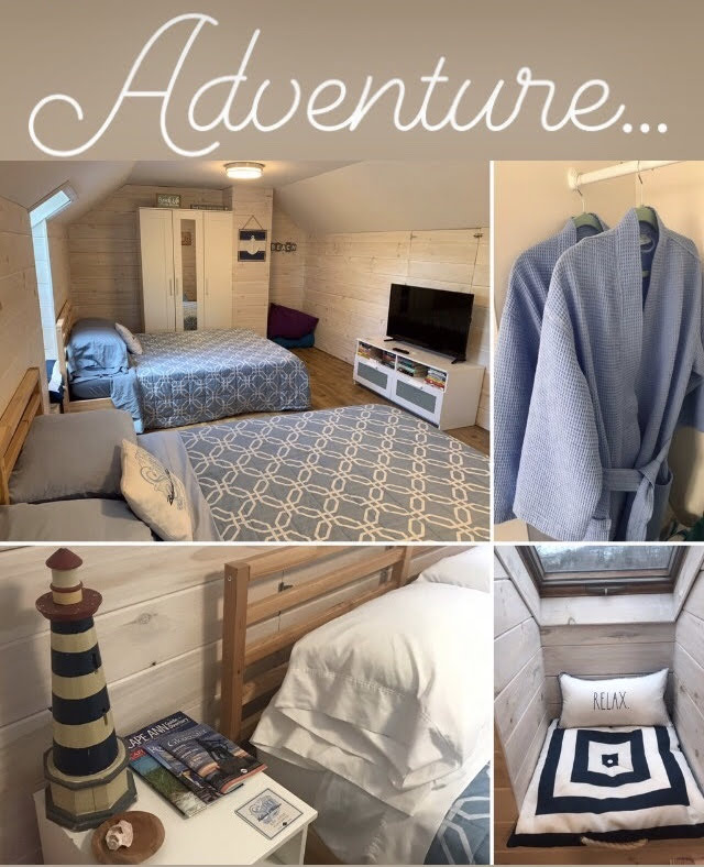 Climb the spiral staircase to discover the "ADVENTURE" room.  This loft space features 2 queen sized beds, a Smart TV with NetFlix, Hulu and other apps. 