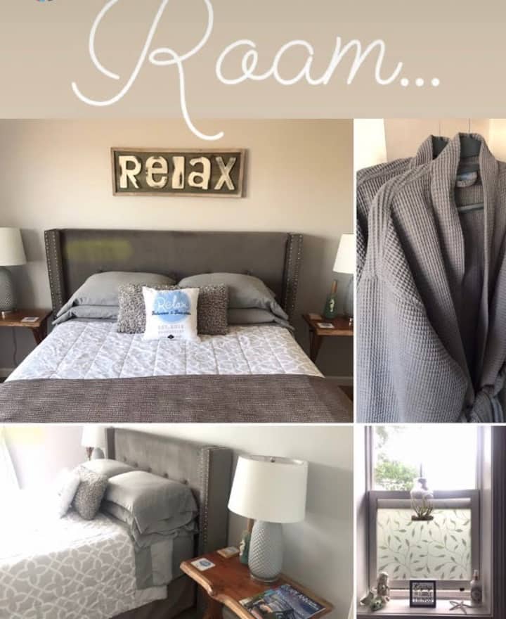 The front bedroom 'ROAM', has its own private full bath, and is a wonderful space to relax, unwind, and have an amazing nights sleep.