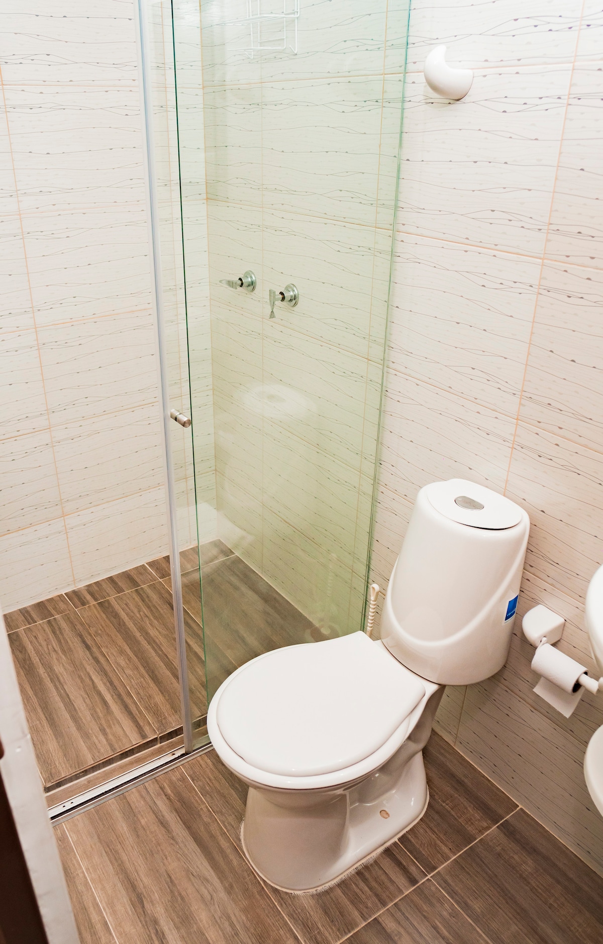 A modern bathroom is presented, featuring a glass shower enclosure and a white toilet. Light-colored wall tiles contrast with the dark wooden flooring, creating a clean and functional space.