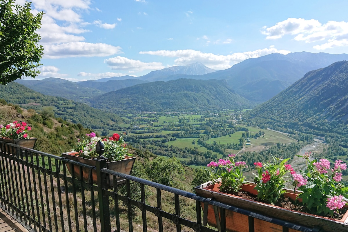 A metal railing encompasses a balcony adorned with flower pots overflowing with colorful blooms. Below, a lush green valley stretches into the distance, framed by rolling hills and mountains. The scene captures the serene beauty of the natural landscape under a clear blue sky.