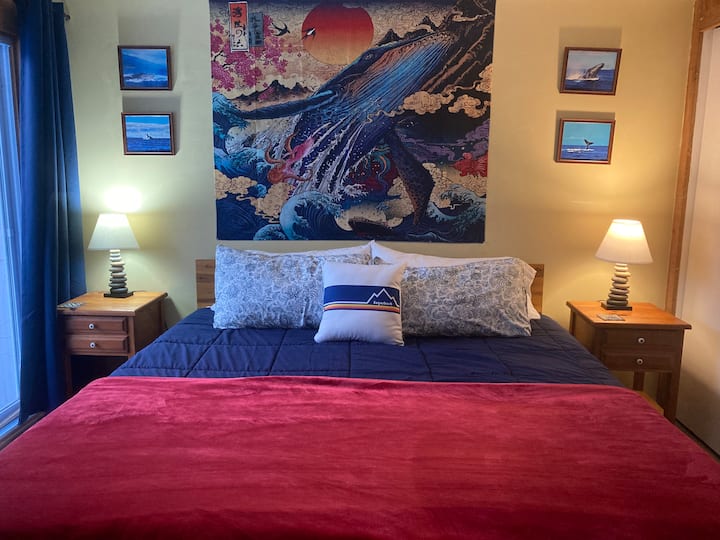 Ein weiterer Blick vom privaten Schlafzimmer, aus der Glasschiebetür zu einem eigenen Terrassenbereich. Viel natürliches Licht und Belüftung, aber mit raumverdunkelnden Vorhängen, damit du gut schlafen kannst! Brandneues Kingsize-Bett aus Brentwood und Bio-Bettwäsche!